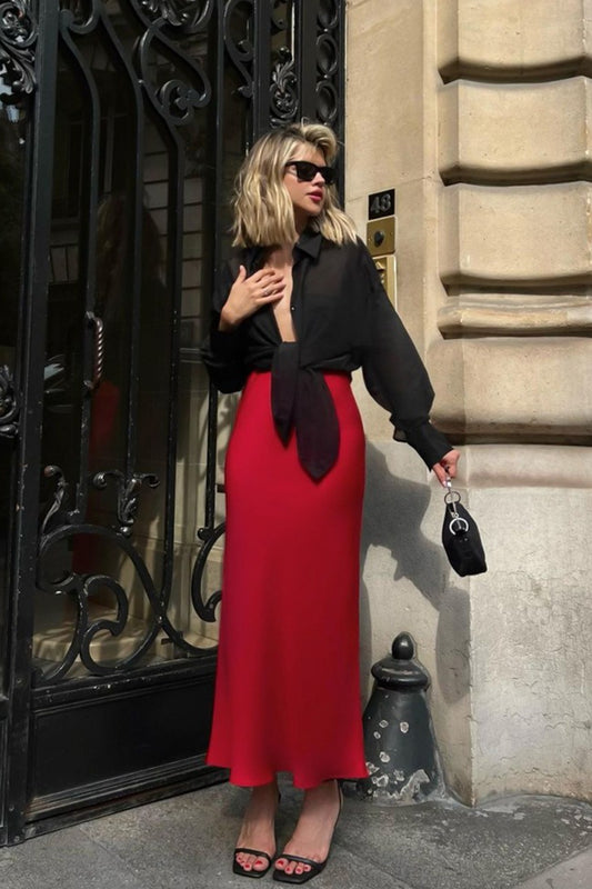 Red Satin Fishtail Maxi Skirt