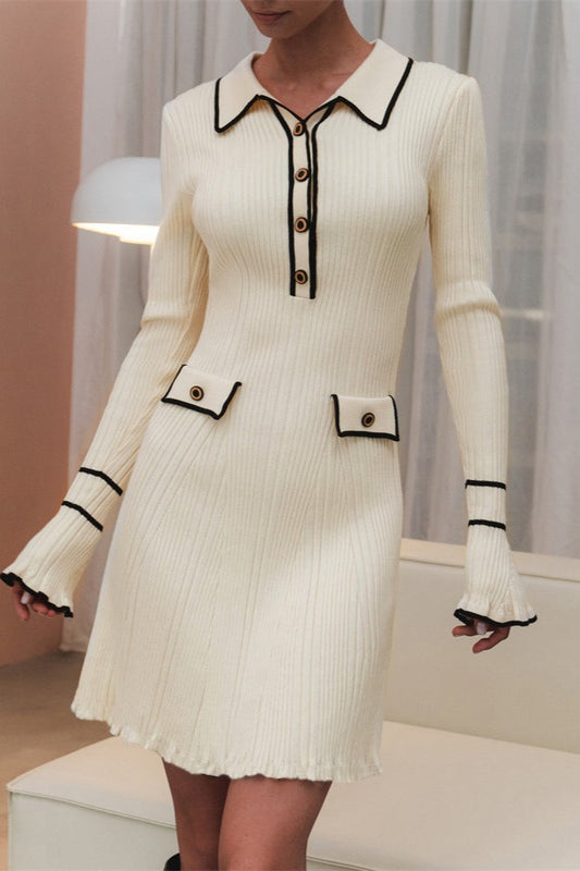 Contrast Ruffle Collar Sweater Dress S / White
