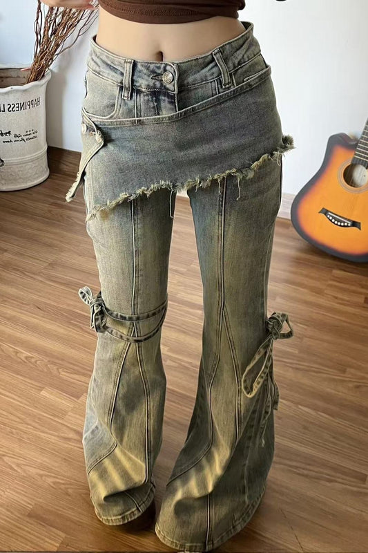 Vintage Fake Two Piece Bootcut Tie Waist Jeans