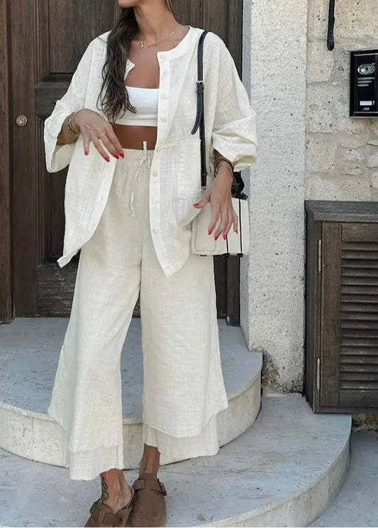 Apricot Cotton Drawstring Trousers Office Two Piece Set