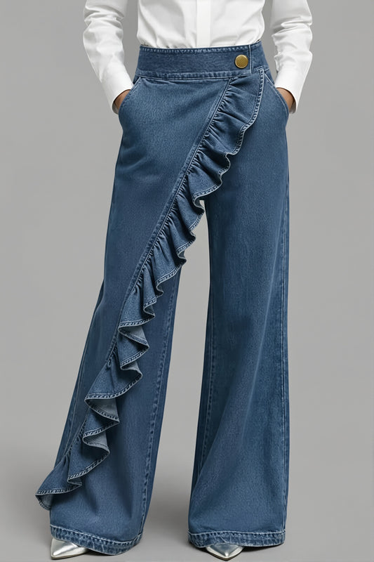Asymmetric Ruffle Front Wide Leg Jeans