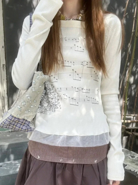 Aesthetic Slim Fit All Match Grunge Lace Patch Knit Top knittop-250126