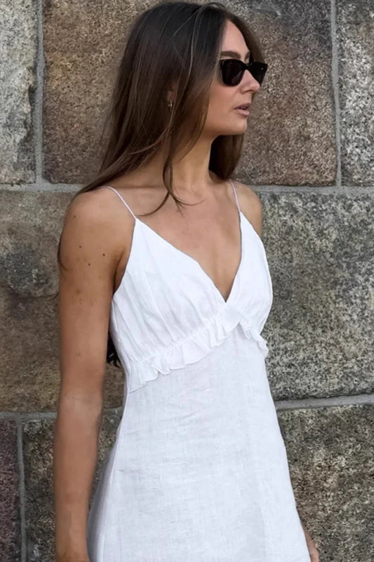 Sexy White Cotton Linen V-Neck Ruffle Loose Maxi Dress