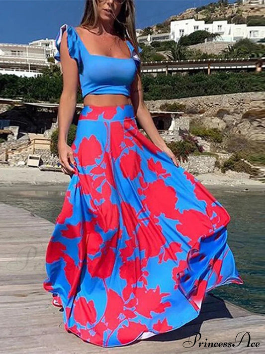 And High Flowered Long Waisted Top Crop Skirt Set S / Blue Two Piece Maxi Dress