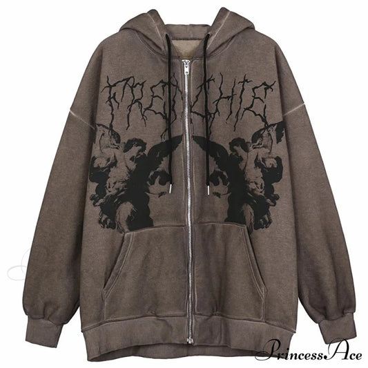 Angel Dark Print Streetwear Hoody Jacket Brown / M