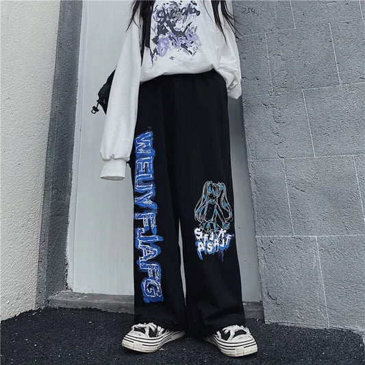 Anime Print Oversized Hip Hop Pants Black / S