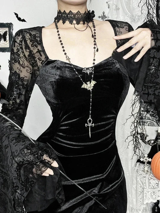 Antique Flare Sleeve Square Collar Full-Length Dress