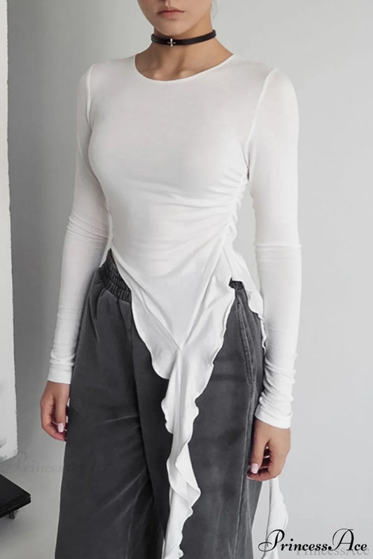 Asymmetric Knitted Slim Long Sleeve Tee White / S