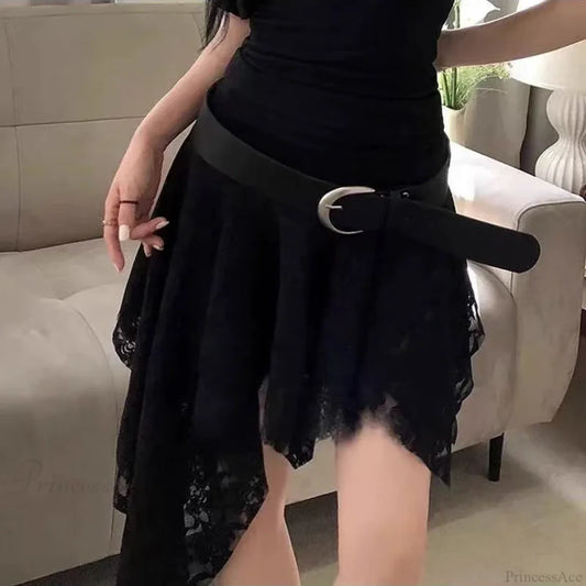 Asymmetrical Lace Ruffle Mini Skirt Black / One Size