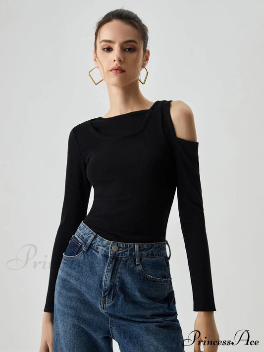 Asymmetrical Shoulder Cut Out Modern Long Sleeve Solid Top Black / Xs T-Shirts