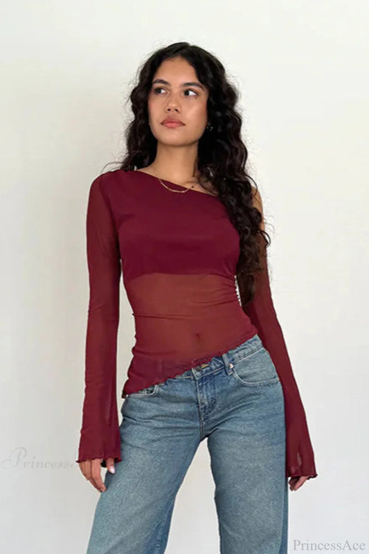 Asymmetrical Shoulder Mesh Off-Shoulder Long Sleeve Tee Burgundy / S