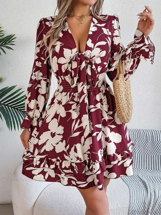Autumn Flared Sleeve Floral Dress wine red / S oldfloraldress-250126