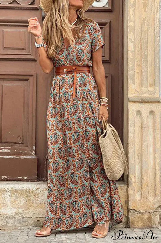 Autumn Female Short Sleeve Sexy High Split Maxi Boho Dress Brown / S