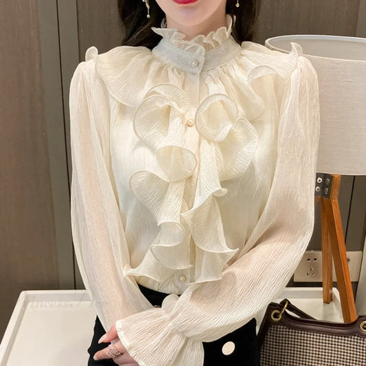 Autumn Ruffled Lace Chiffon Stand Collar Blouse APRICOT / S blouse-250126