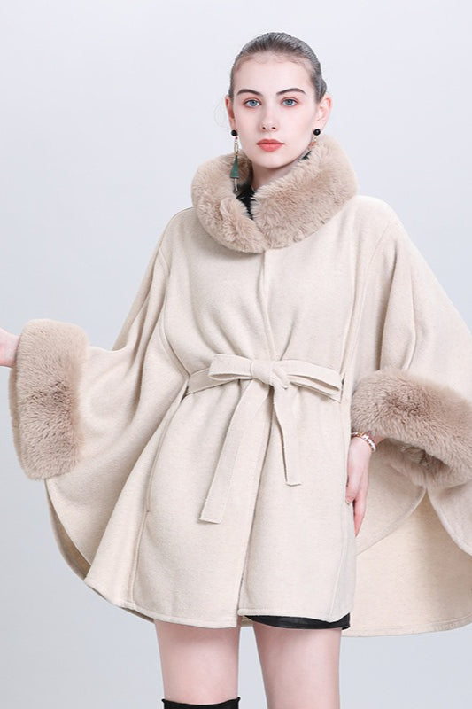 Fur Collar Tie Knitted Cardigan Loose Wool Blend Cape Coat