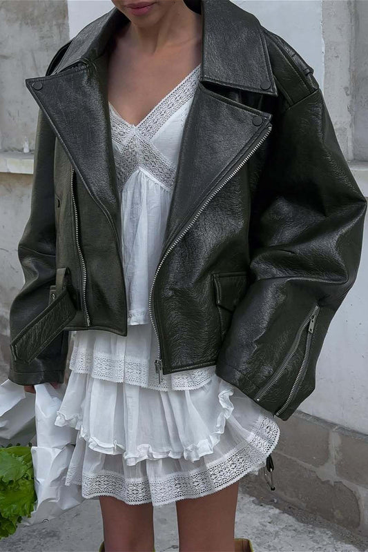 Zip Up Green Leather Moto Jacket