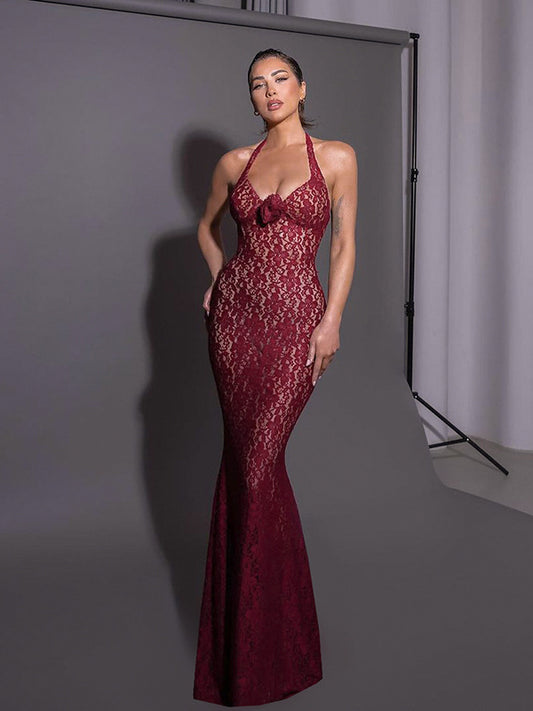 Lace Halter Neck Fitted Bodycon Party Dress