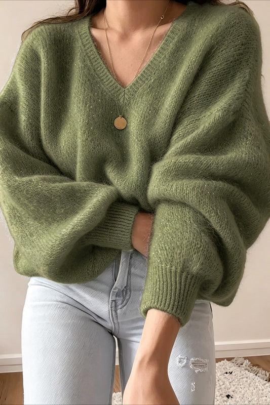 Oversized V Neck Balloon Sleeve Knit Sweater