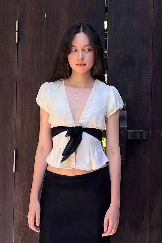 Deep V Neck Bow Tie Waist Blouse