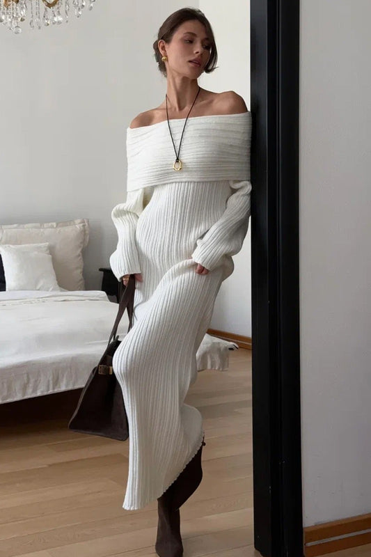 Solid Elegant Minimalist Off Shoulder Bodycon Knit Maxi Dress