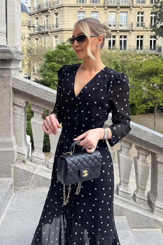 Polka Dot Print V-Neck Long Sleeve Maxi Dress