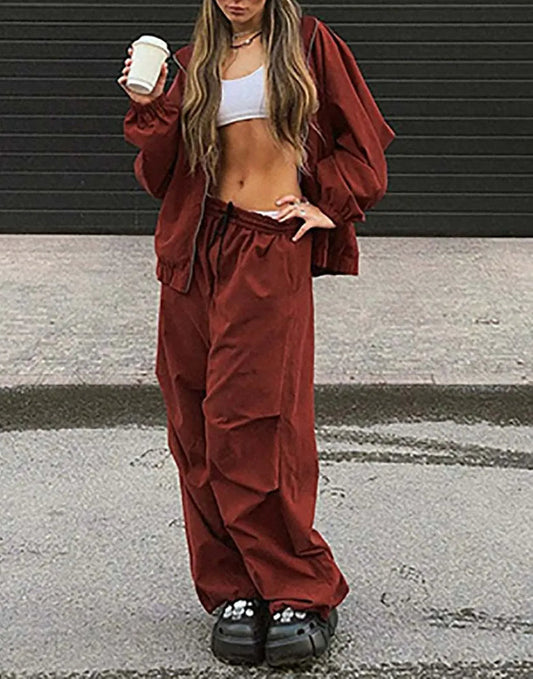 Red Zipper Drawstring Trousers Office Two Piece Set