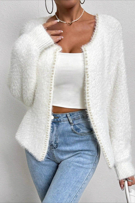 Elegant Pearl V Neck Knit Sweate White / S