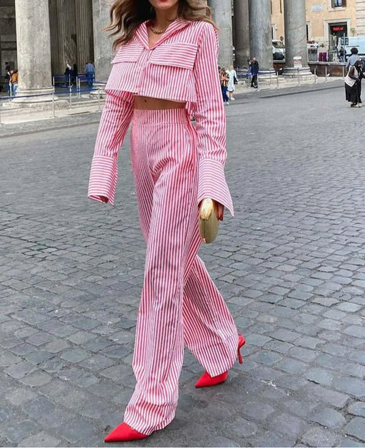 Red Print Pockets Crop Trousers Office Two Piece Set