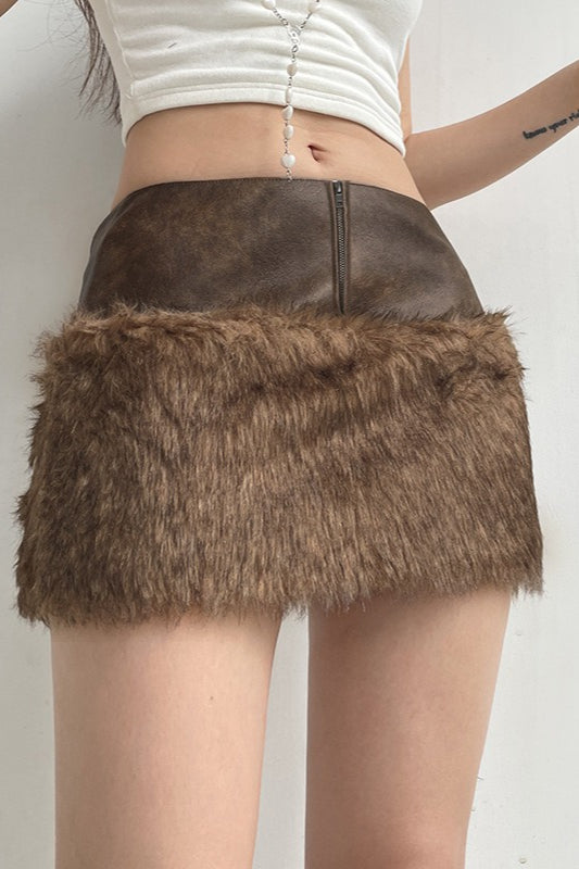 Low-Rise Fuzzy Leather Paneled Mini Skirt