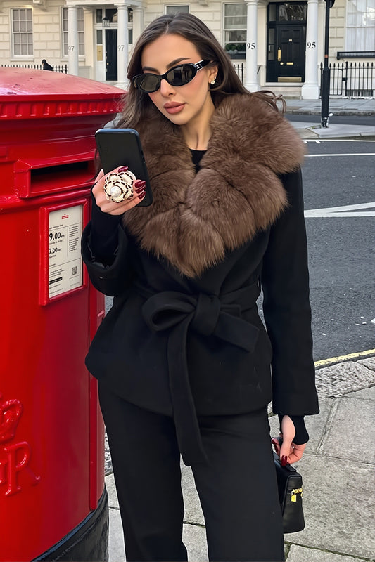 Plush Collar Belted Wrap Coat