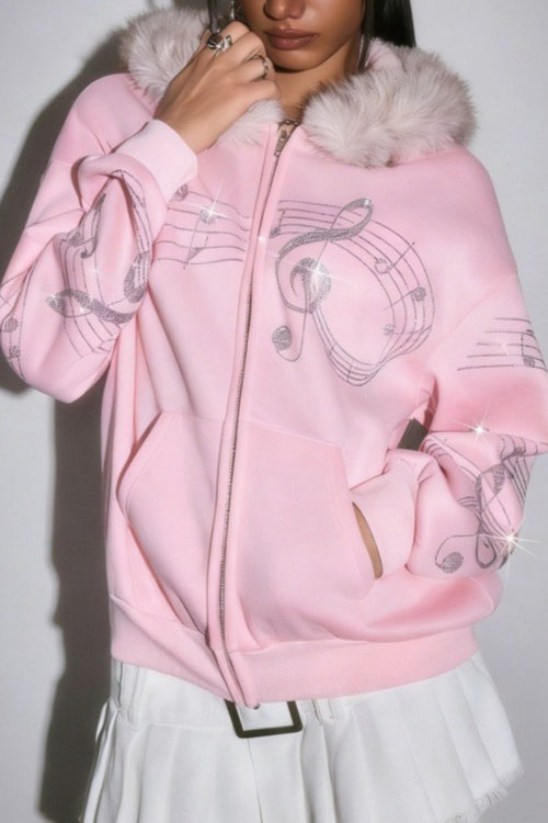 Faux Fur Rhinestone Zip Hoodie