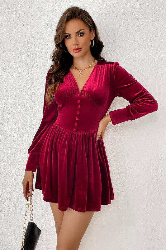 Velvet V-Neck Button Slim Long-Sleeve Mini Dress