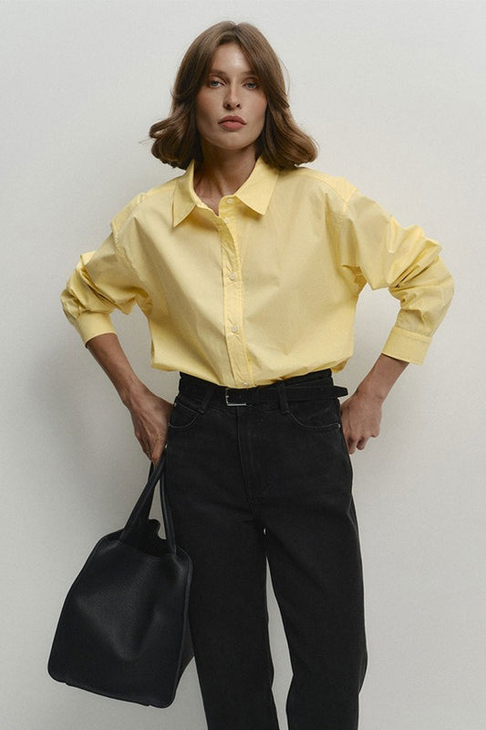 Cotton Yellow Button Down Loose Commuter Blouse
