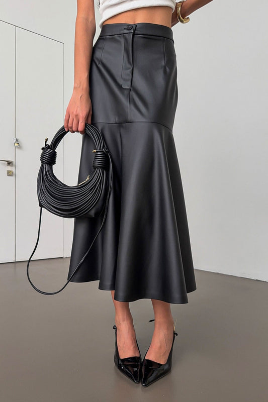 Black Faux Leather Midi Skirt