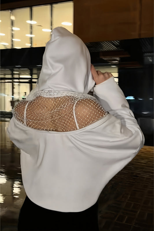 Rhinestone Mesh Open Back Hoodie