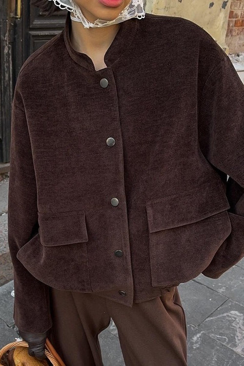 Stand Collar Single-Breasted Jacket S / Brown