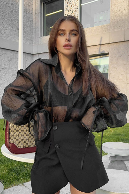Sheer Organza Puff Sleeve Shirt