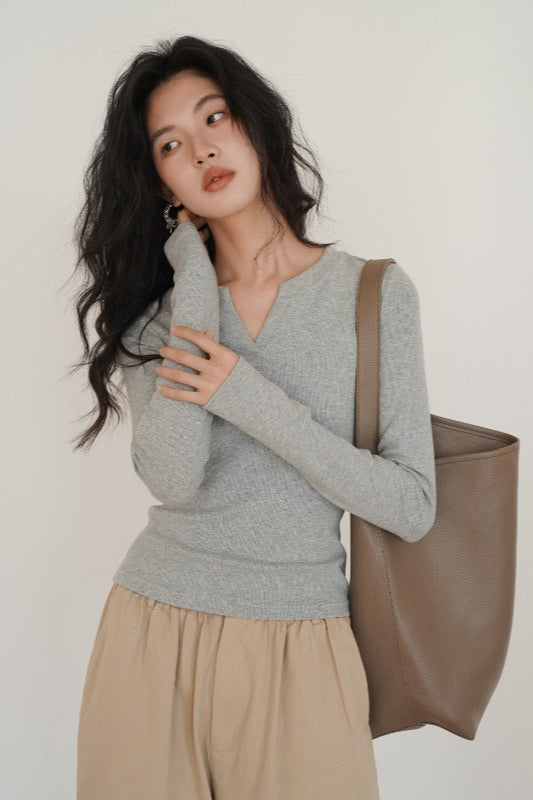 Heather Grey Fitted V-Neck Long-Sleeve Knit Top