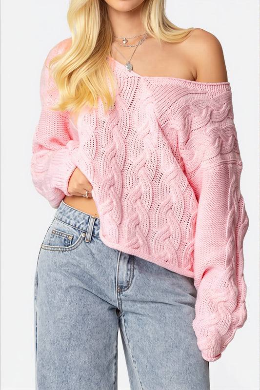 Cable Knit Relaxed V Neck Sweater