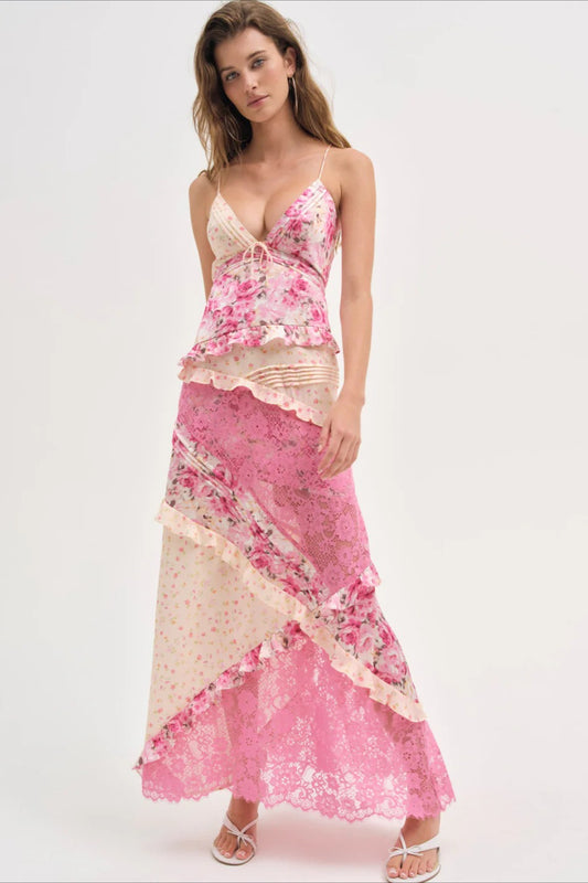 Deep V Ruffle Floral Lace Patchwork Cami Maxi Dress