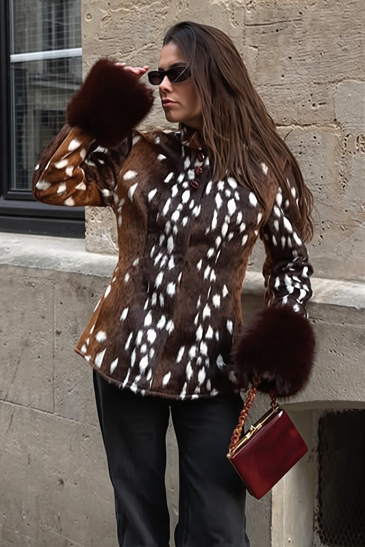 Fur Cuff Animal Print Fitted Coat