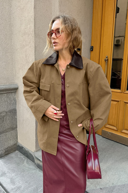 Brown PU Spliced Coat