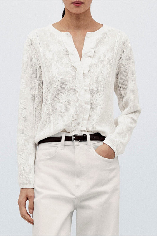 Soft-Style Stand-Collar Frog-Button Lace Cutout Cardigan
