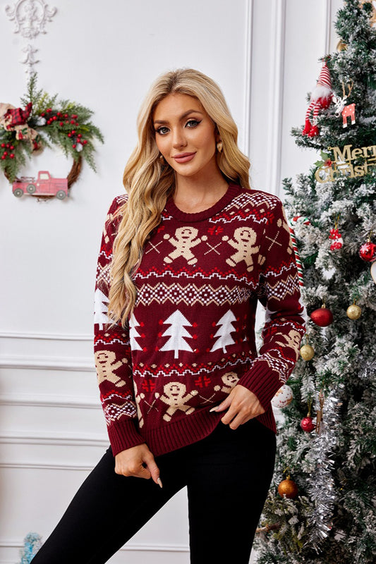Cozy Color Block Gingerbread Man Print Sweater