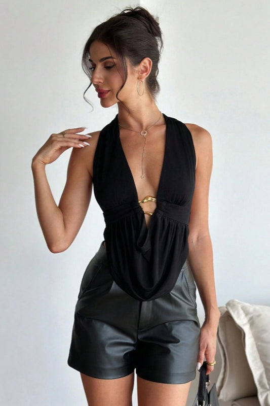 Sexy Solid Metal Buckle Backless Halter Top