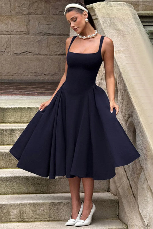 Backless Square Neck Fitted Party Dress Blue / S