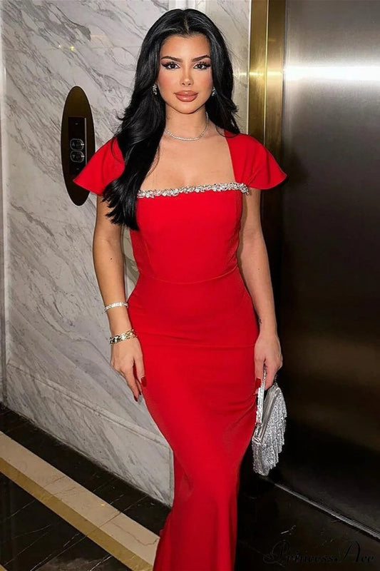 Bandage Rhinestone Square Neck Raglan Sleeve Party Dress Red / XS