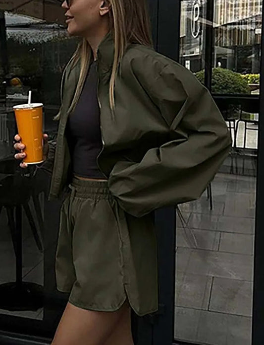 Green Zipper Drawstring Shorts Office Two Piece Set