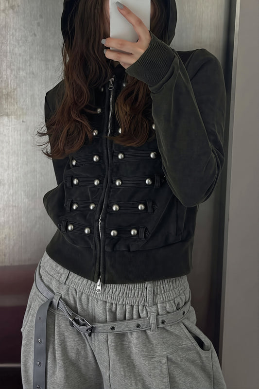 Studded Corset Detail Fitted Zip Hoodie