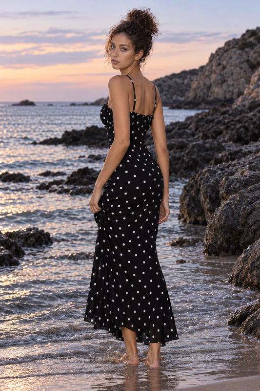 Polka Dot Backless Cami Bodycon Maxi Dress